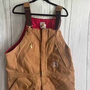 Carhartt Dungarees 42x32 Tan Overalls Quilted Duck Bib Double Knee Distressed